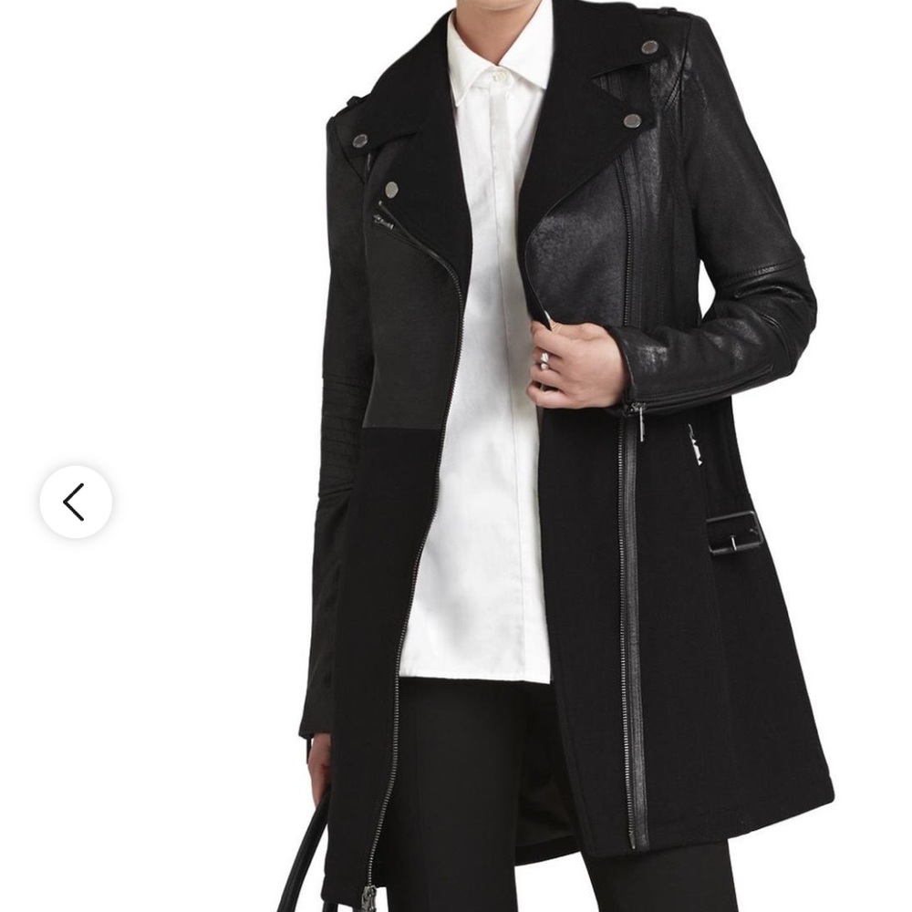 BCBGMAXAZRIA JOHNNA Black Leather and Wool Long Moto Jacket Size Medium